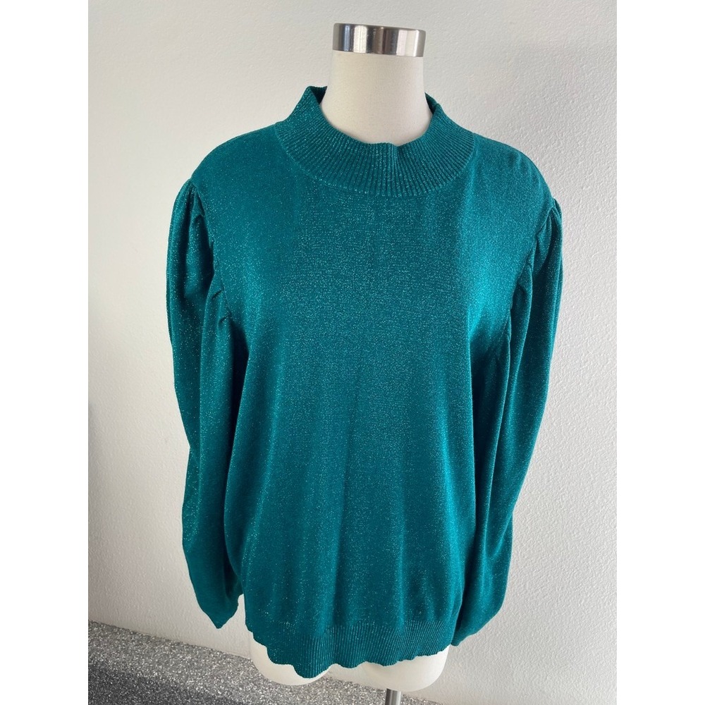 NEW Liz Claiborne Womens Plus 2X Teal Metallic Shimmer Knit Crewneck Sweater